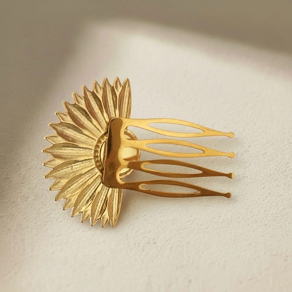 18K Gold Plated Sunburst Floral Hair Comb Pearl Statement Barrette Waterproof